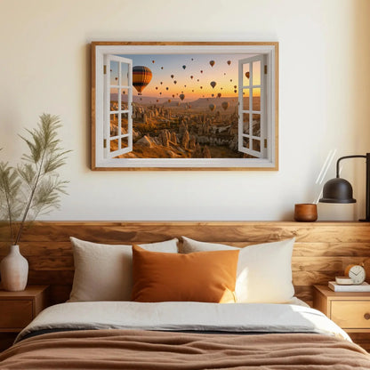 Cappadocia hot air balloon open window view canvas wall art print for travel lovers or warm neutral decor inspired by Turkish skies Wall Art – Canvas Print