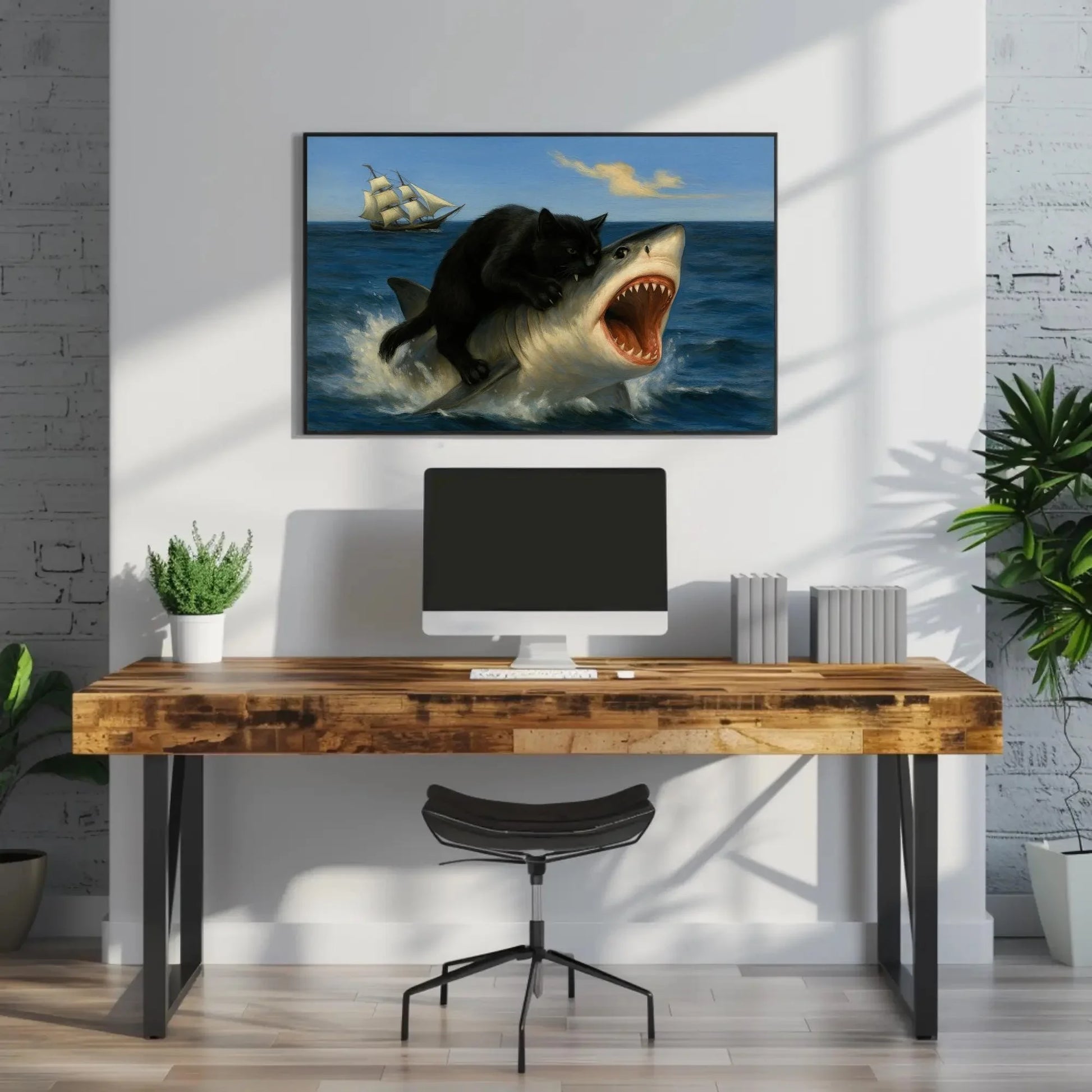 Black cat riding shark canvas wall art print for funny surreal decor or nautical animal lovers with pirate ship and ocean creature chaos Wall Art – Canvas Print