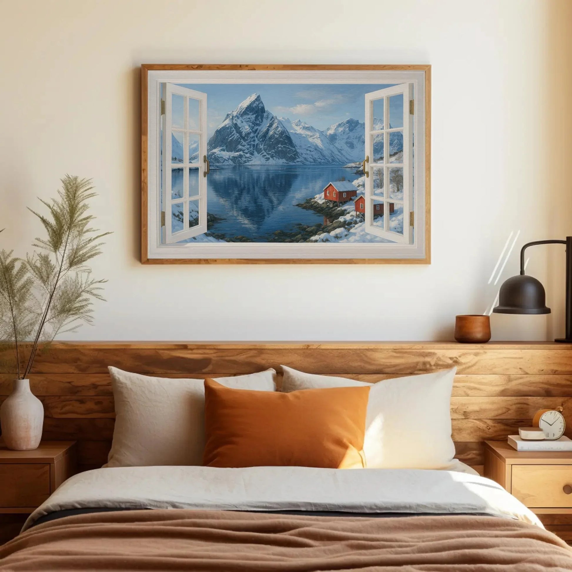 Norwegian fjord winter open window view canvas wall art print for mountain cabin or Scandinavian home featuring snow and red cabins Wall Art – Canvas Print