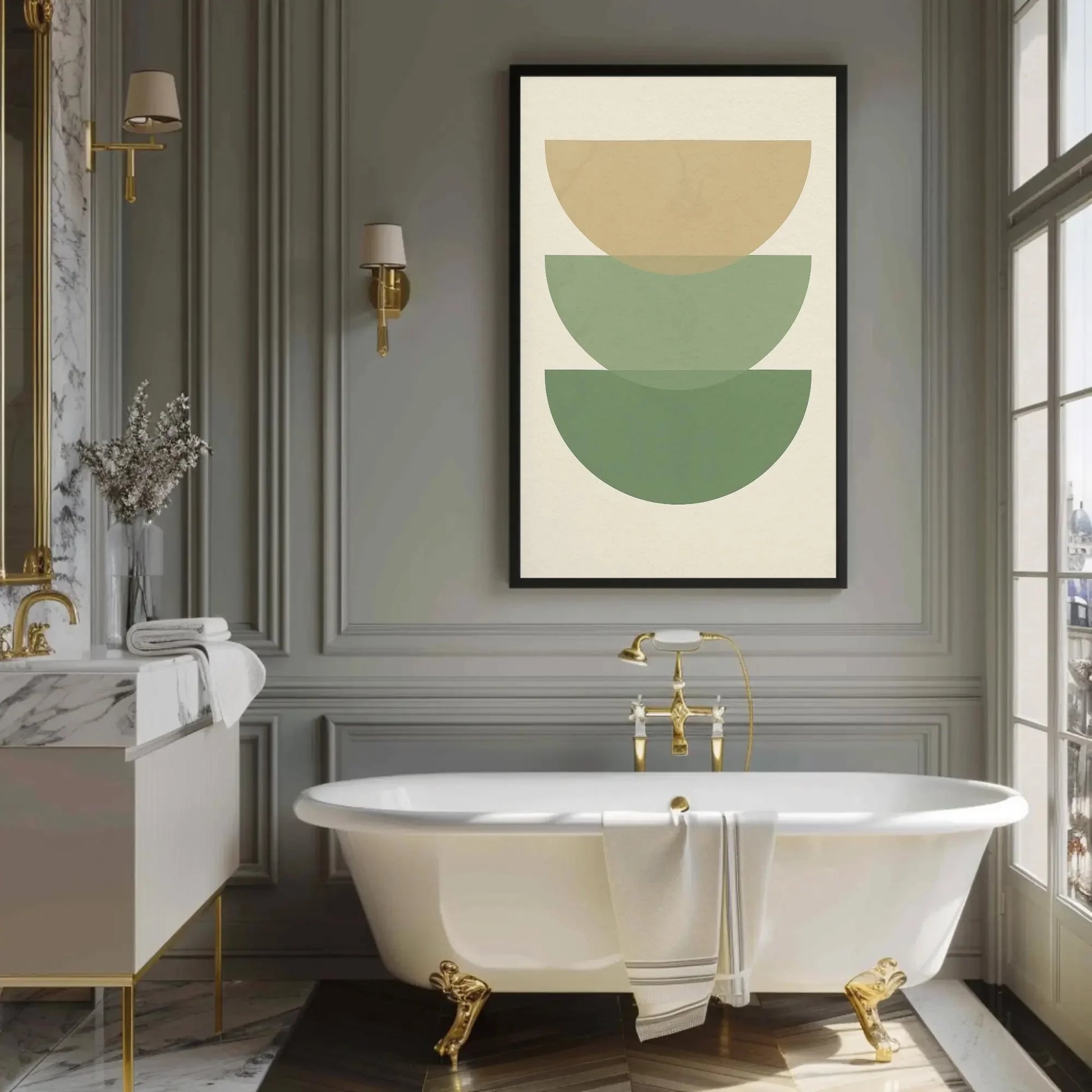 Minimalist green beige canvas wall art print for modern boho home or Scandinavian decor with abstract layered half circle design Wall Art – Canvas Print