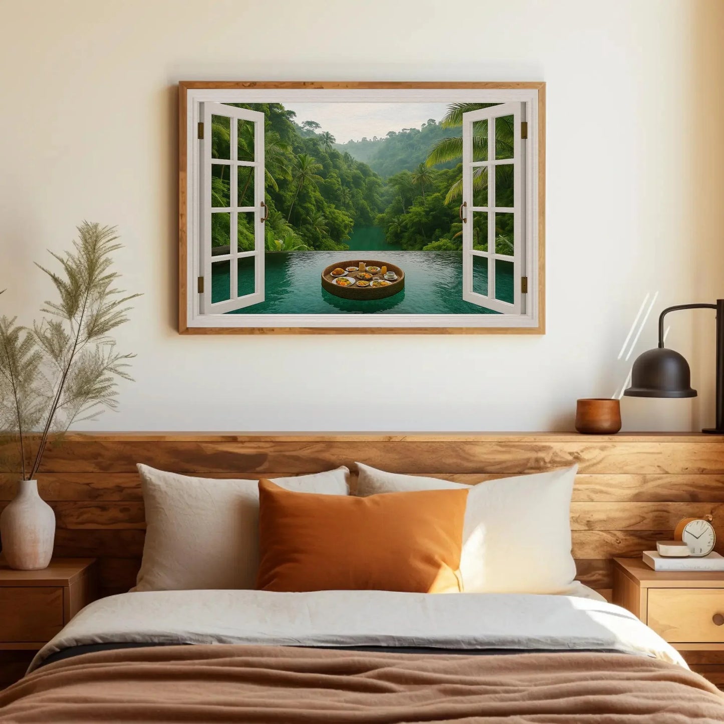 Jungle infinity pool canvas wall art print with open window view of tropical rainforest and floating breakfast tray for spa or exotic decor Wall Art – Canvas Print