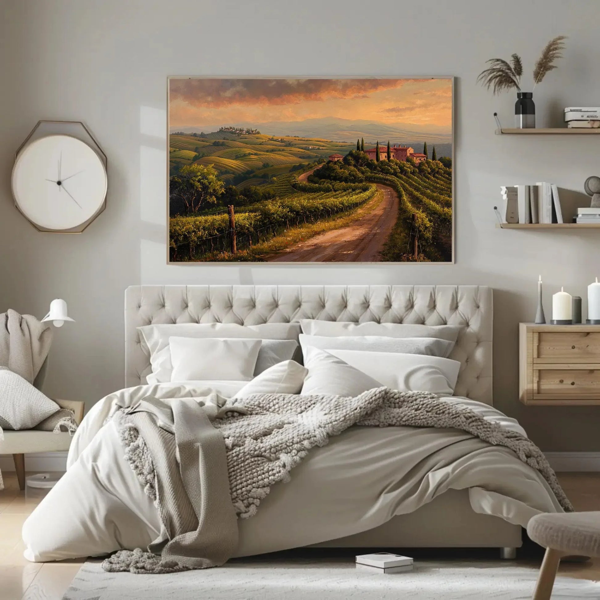 Tuscany landscape canvas wall art print with vineyards and rustic villas for italian countryside decor or cozy kitchen and wine room Wall Art – Canvas Print
