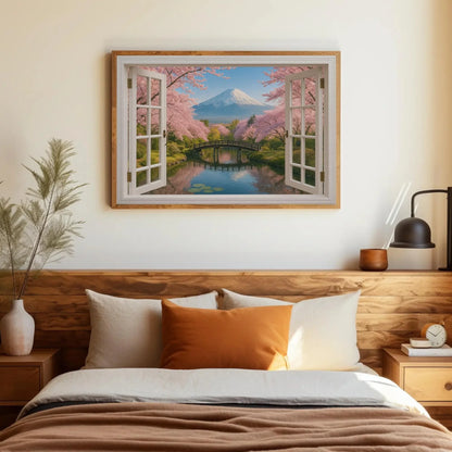 Mount Fuji cherry blossom open window view canvas wall art print for tranquil Japanese decor or modern home and sakura garden scene Wall Art – Canvas Print