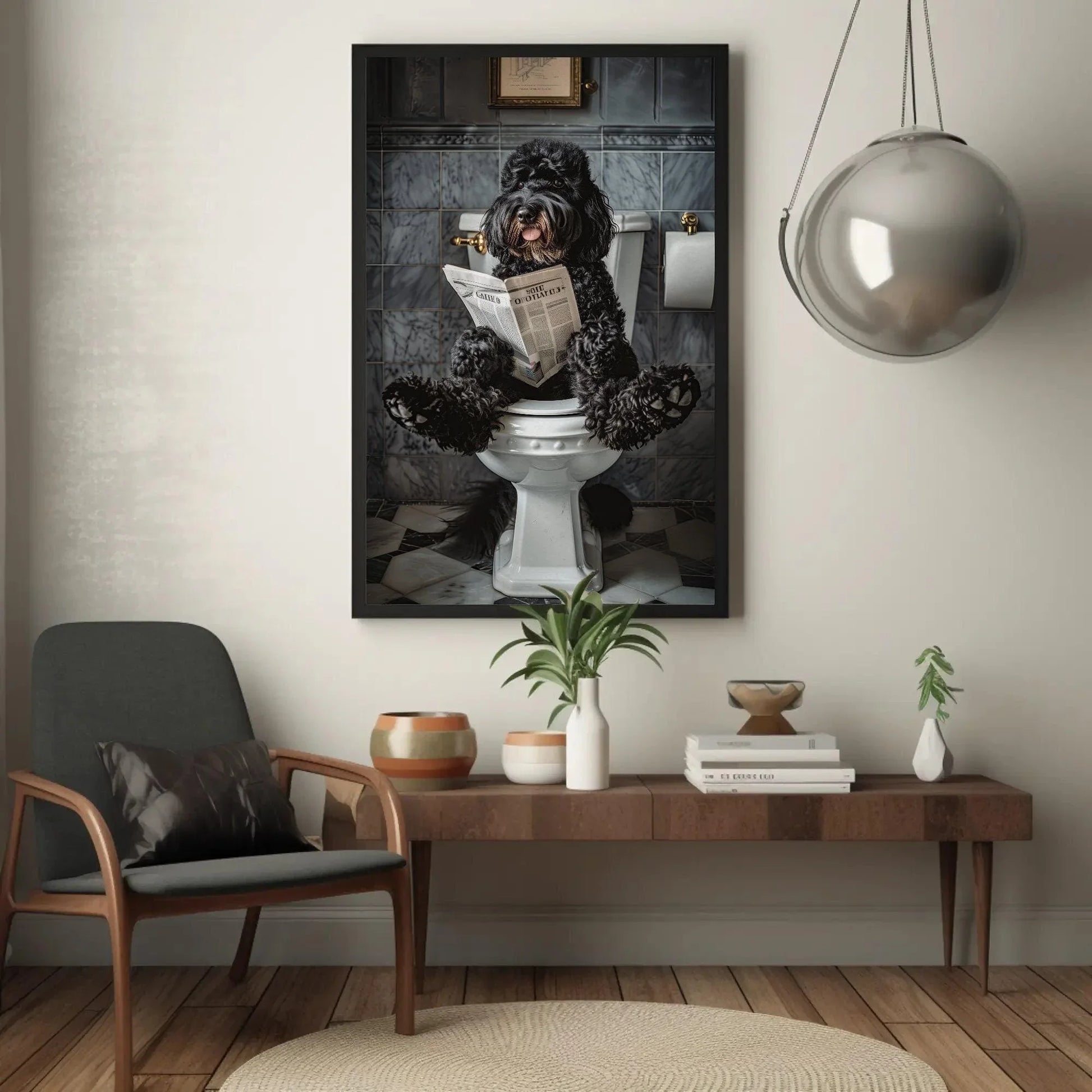 Black doodle dog sitting on toilet reading newspaper canvas print, toilet humor, bathroom art, anniversary gift, restroom decor, funny gift Wall Art – Canvas Print