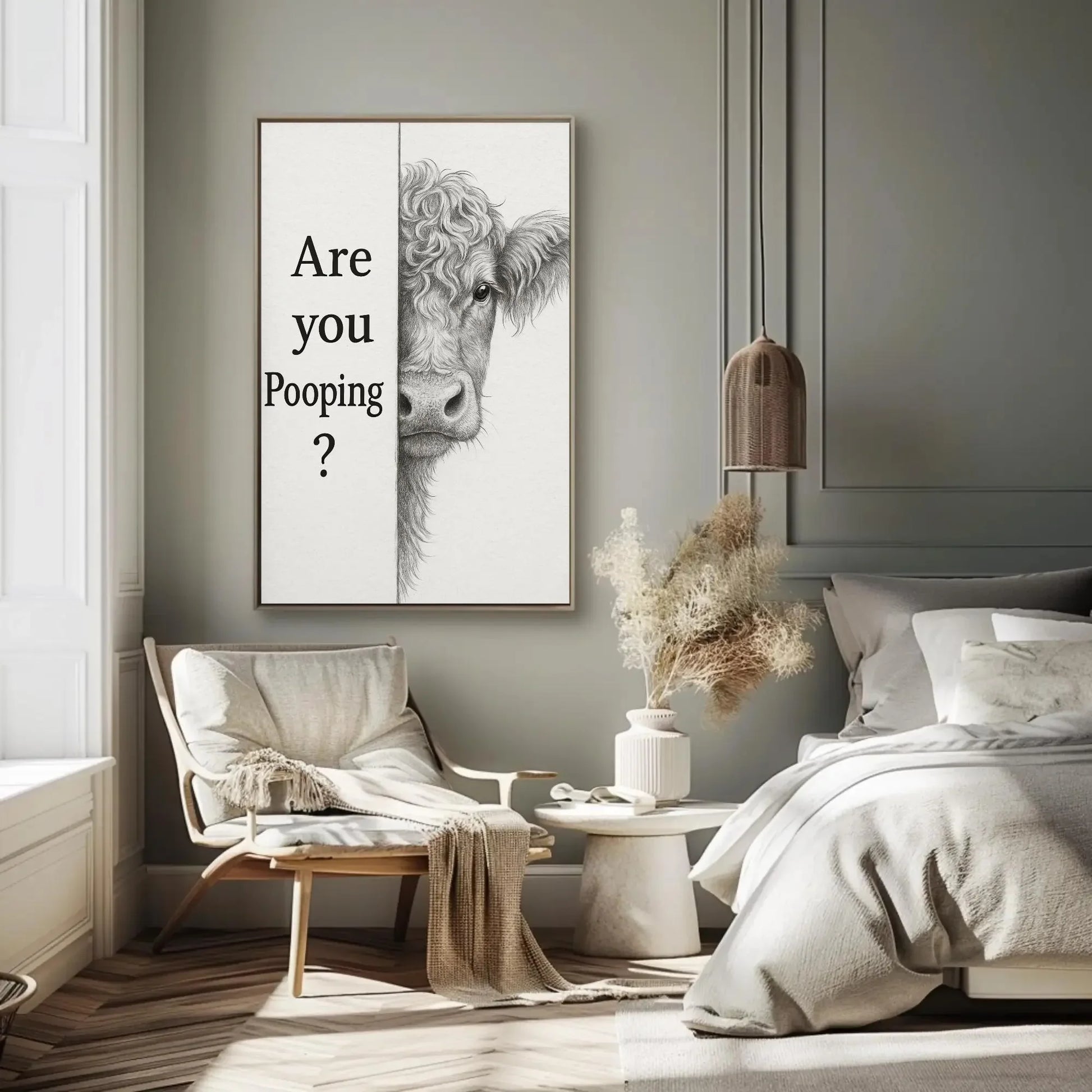 Funny cow bathroom canvas wall art print for farmhouse toilet decor or rustic powder room with are you pooping quote and sketch Wall Art – Canvas Print