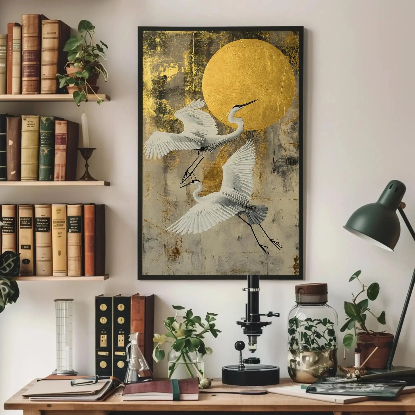 Two Herons Golden Moon Sky Canvas Print, Extra Large Elegant Bird Wall Art, Painting for Japandi, Boho, or Nature Bedroom or Living Room Wall Art – Canvas Print