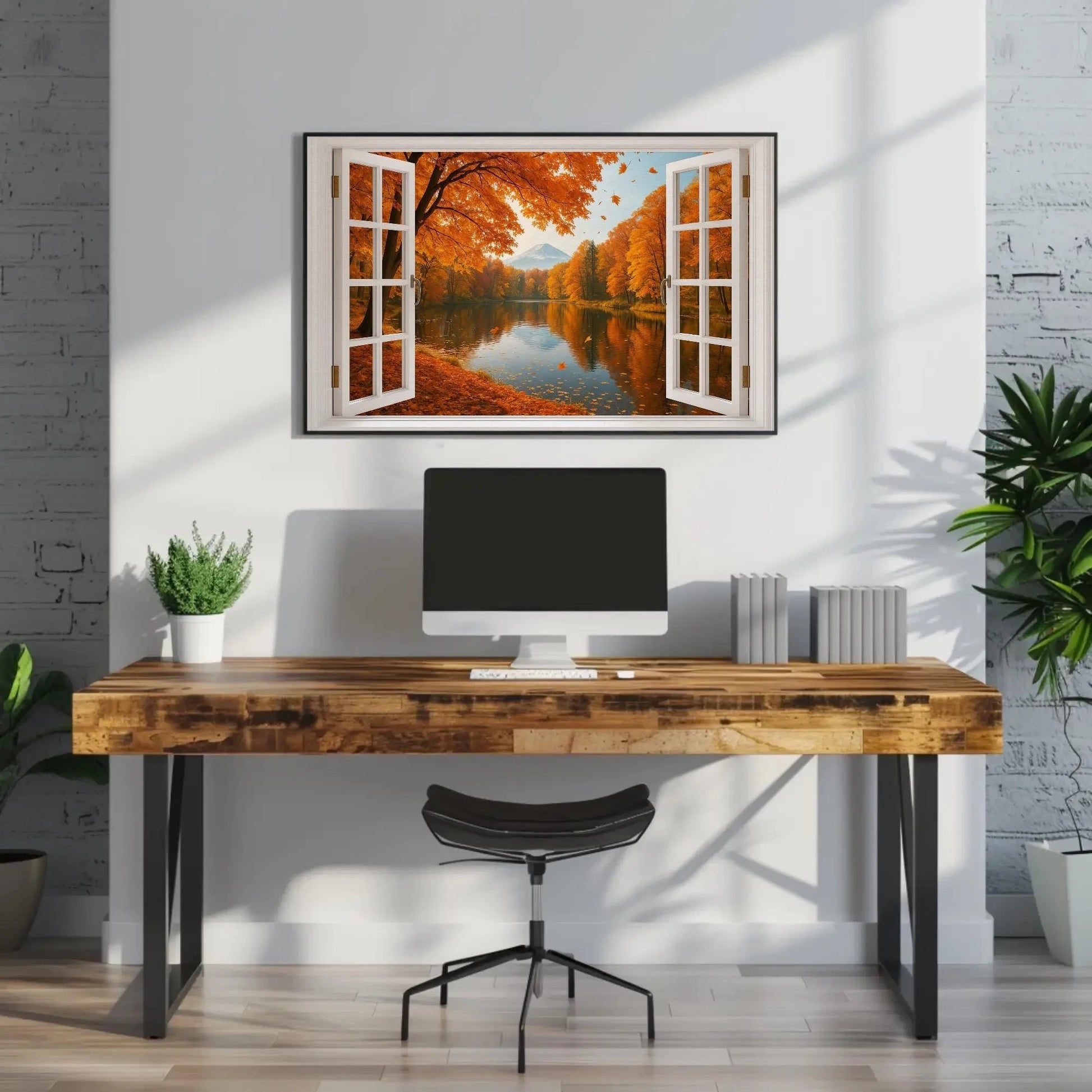 Mount Fuji autumn lake open window view canvas wall art print for seasonal Japanese decor and fall landscape nature lovers room Wall Art – Canvas Print