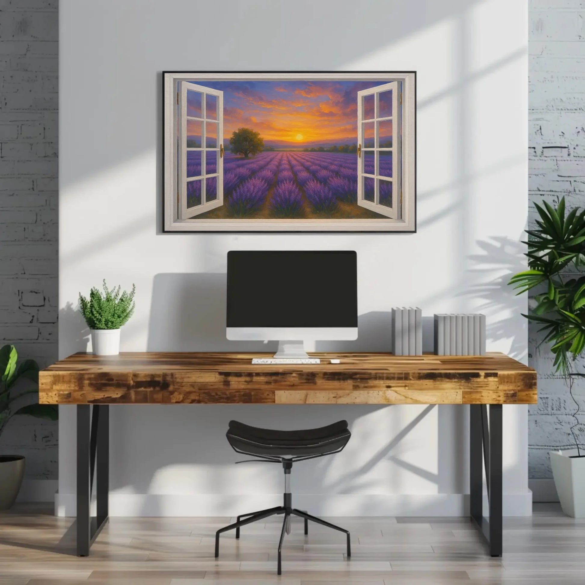 Lavender field sunset open window view canvas wall art print for romantic rustic bedroom or French countryside home decor painting Wall Art – Canvas Print