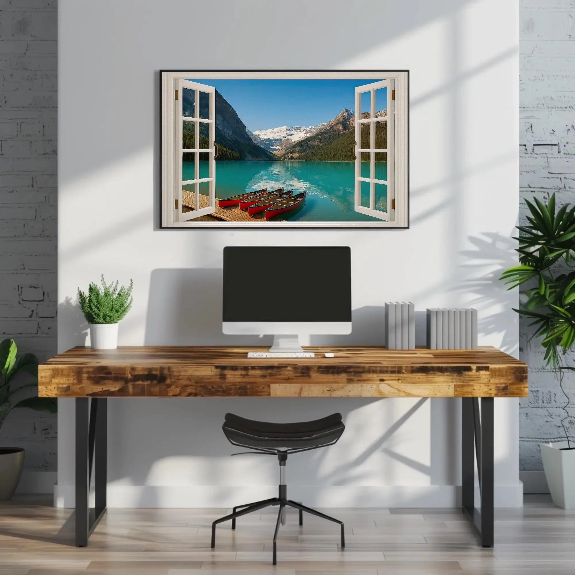 Canadian lake mountain canvas wall art print with red canoes and turquoise water through open window view for cabin or lodge room decor Wall Art – Canvas Print