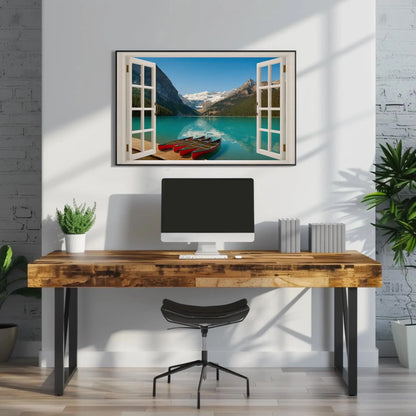 Canadian lake mountain canvas wall art print with red canoes and turquoise water through open window view for cabin or lodge room decor Wall Art – Canvas Print