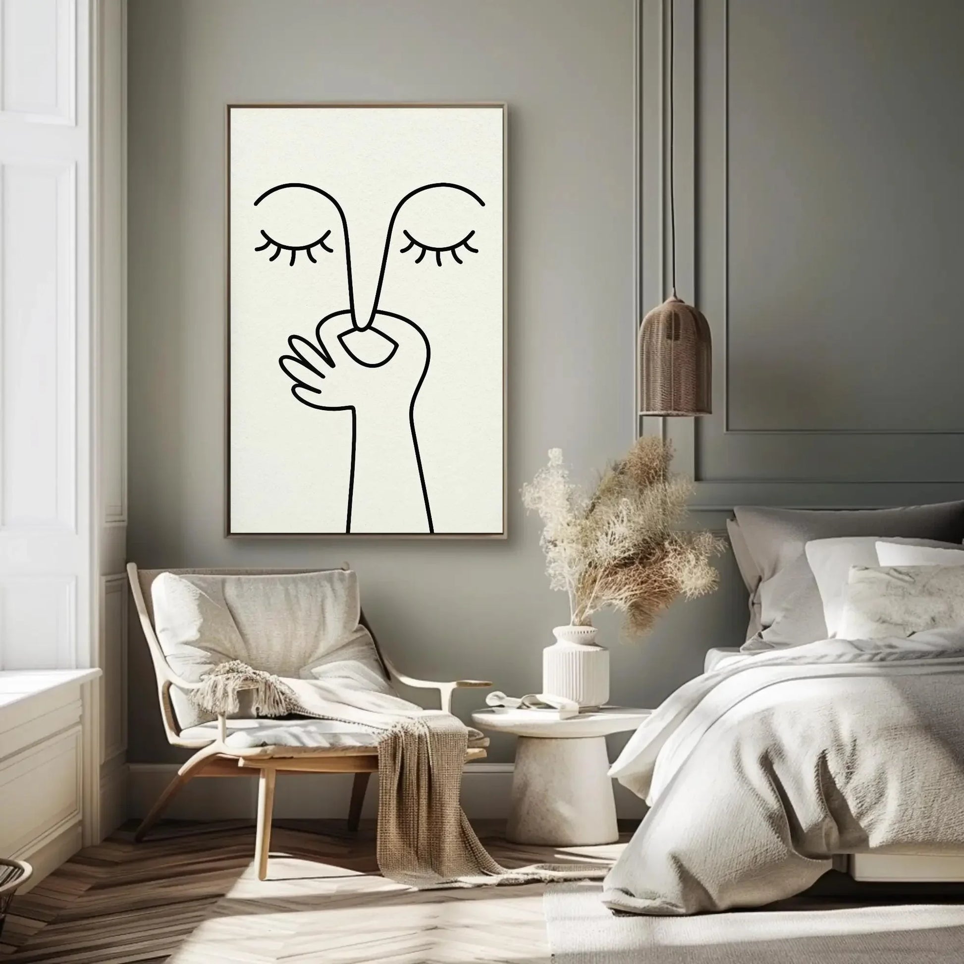 Minimalist abstract shh face canvas wall art print for modern bedroom or meditative quiet decor with eyes closed hand silence symbol Wall Art – Canvas Print