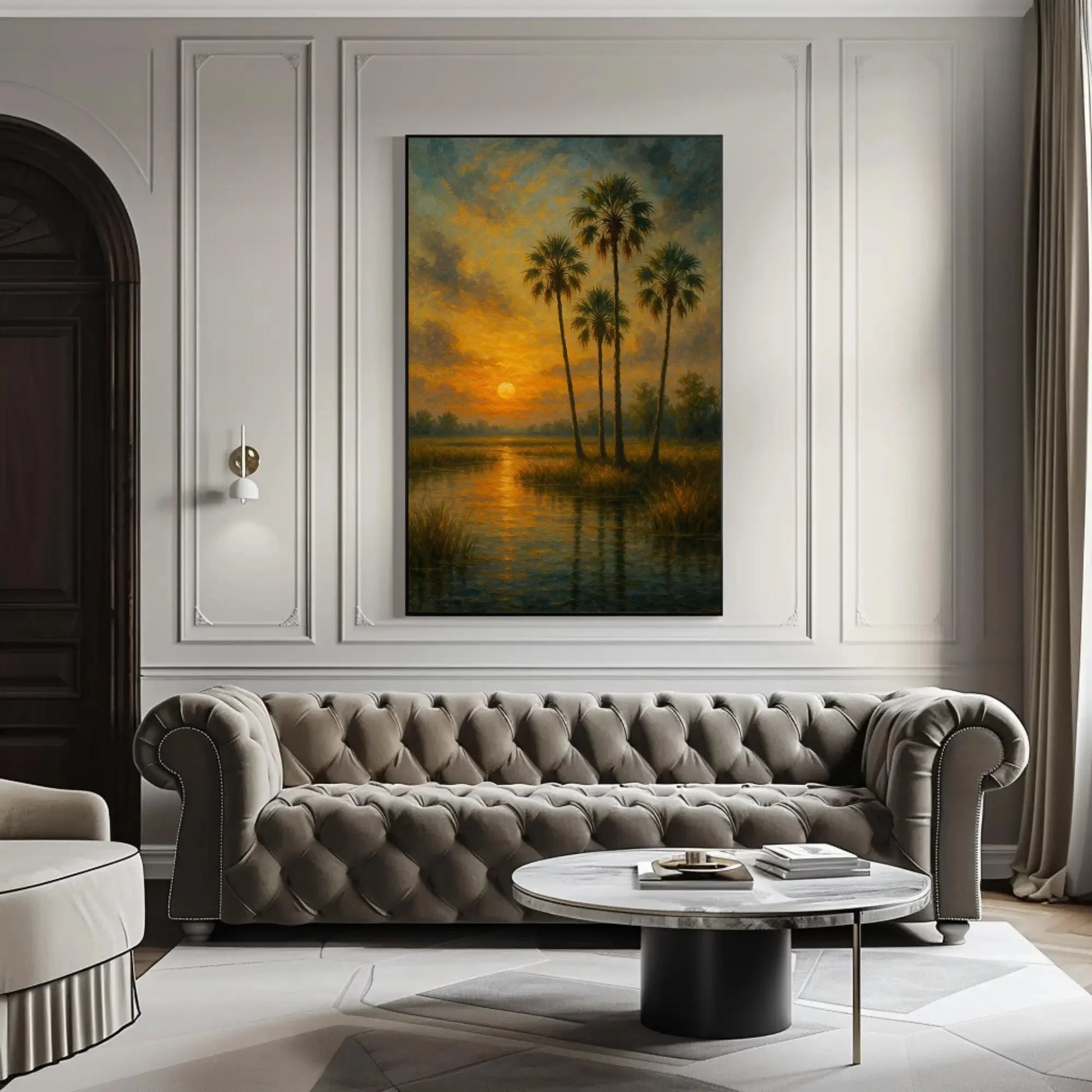 Tropical palm tree sunset canvas painting wall art for beach house or calming bedroom decor with golden marsh and glowing water print Wall Art – Canvas Print