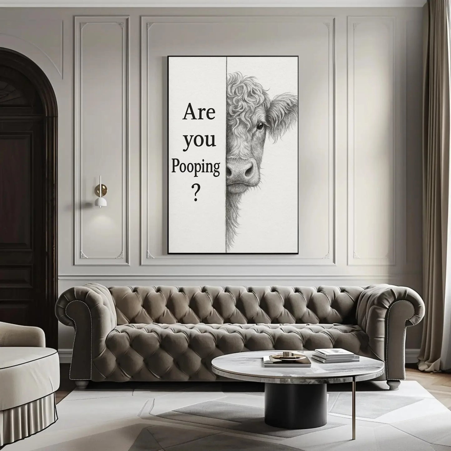Funny cow bathroom canvas wall art print for farmhouse toilet decor or rustic powder room with are you pooping quote and sketch Wall Art – Canvas Print