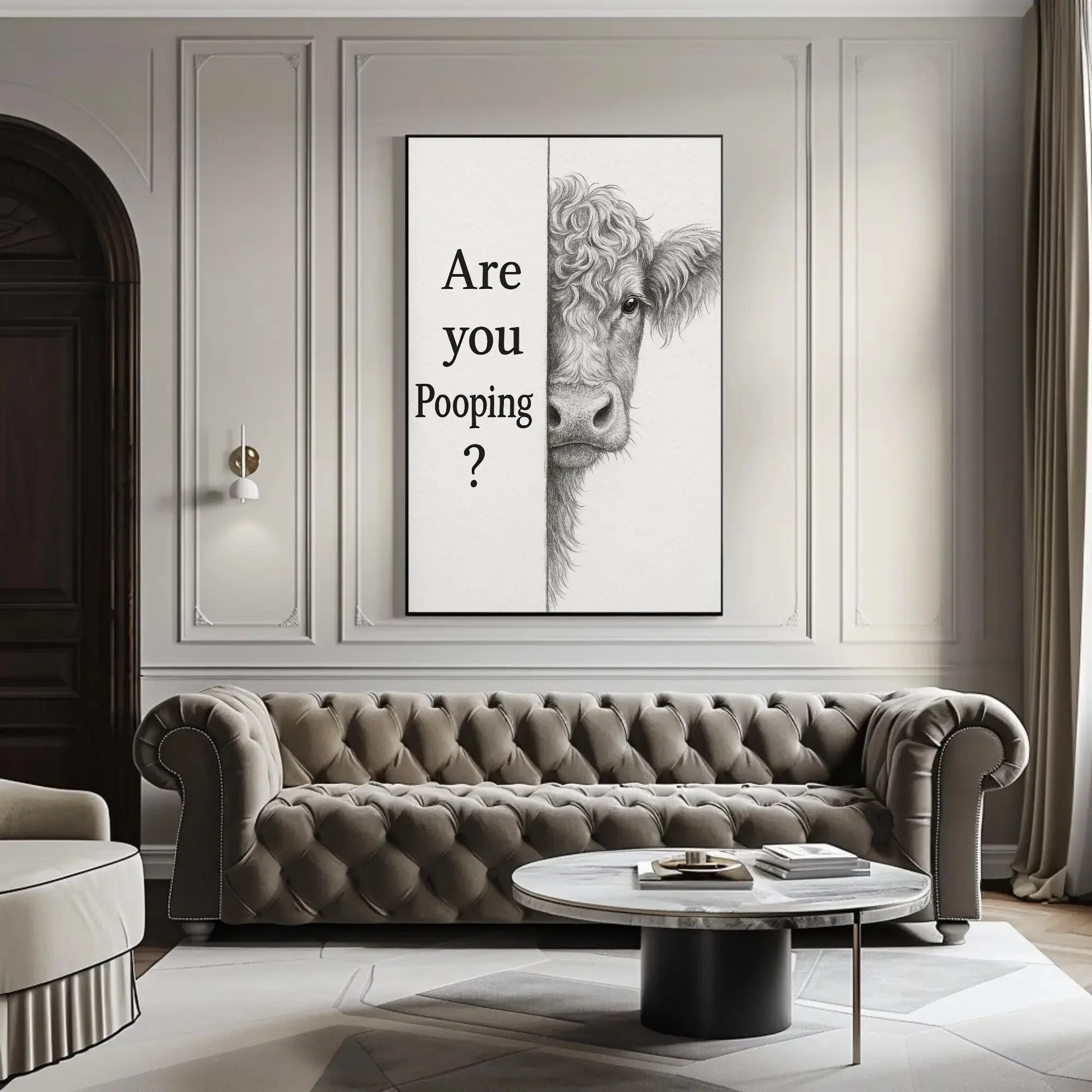 Funny cow bathroom canvas wall art print for farmhouse toilet decor or rustic powder room with are you pooping quote and sketch Wall Art – Canvas Print