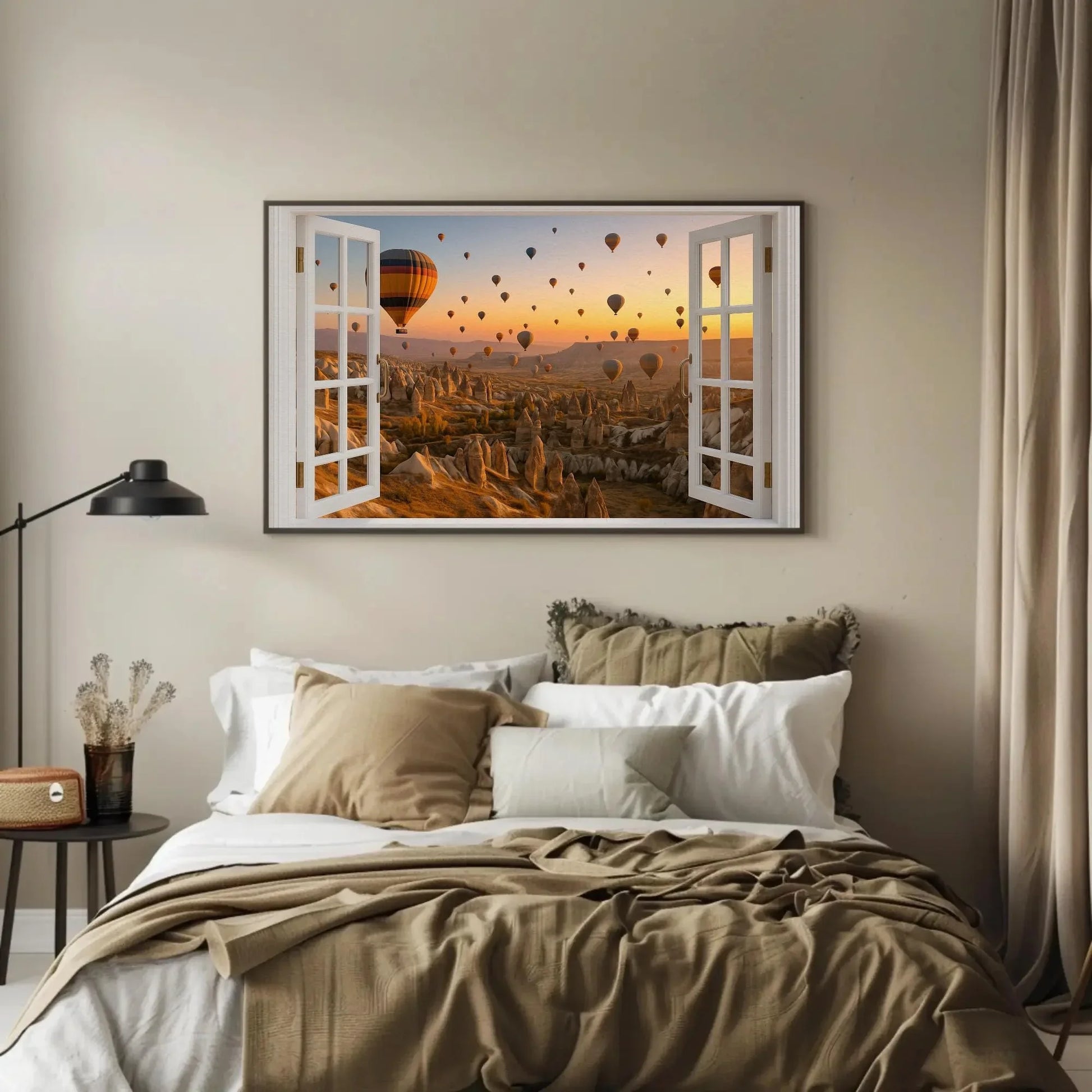 Cappadocia hot air balloon open window view canvas wall art print for travel lovers or warm neutral decor inspired by Turkish skies Wall Art – Canvas Print
