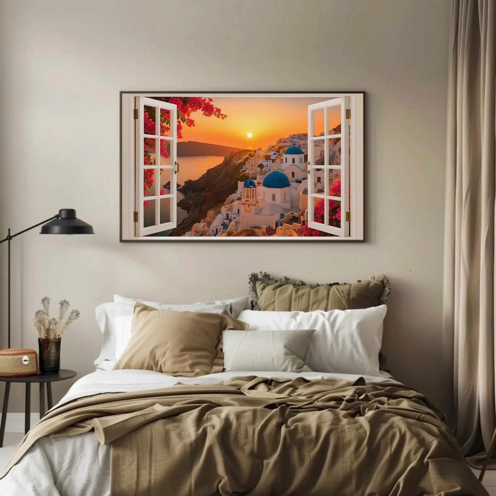 Santorini sunset open window view canvas wall art print of Greek domes and sea for romantic travel inspired decor or coastal room design Wall Art – Canvas Print