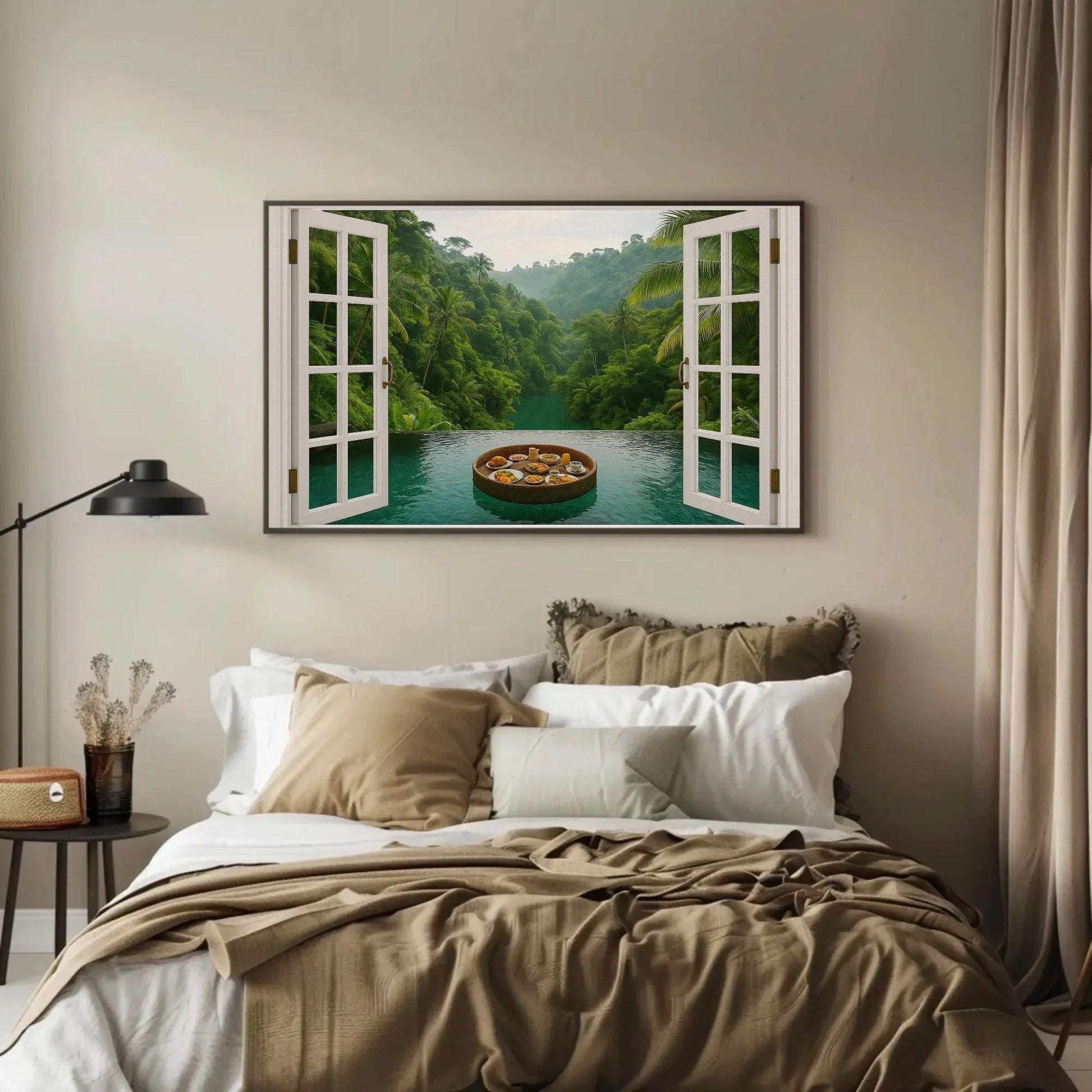 Jungle infinity pool canvas wall art print with open window view of tropical rainforest and floating breakfast tray for spa or exotic decor Wall Art – Canvas Print