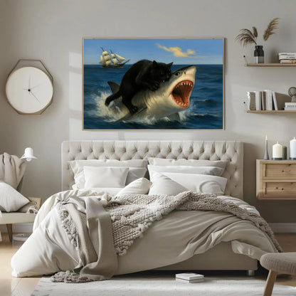 Black cat riding shark canvas wall art print for funny surreal decor or nautical animal lovers with pirate ship and ocean creature chaos Wall Art – Canvas Print