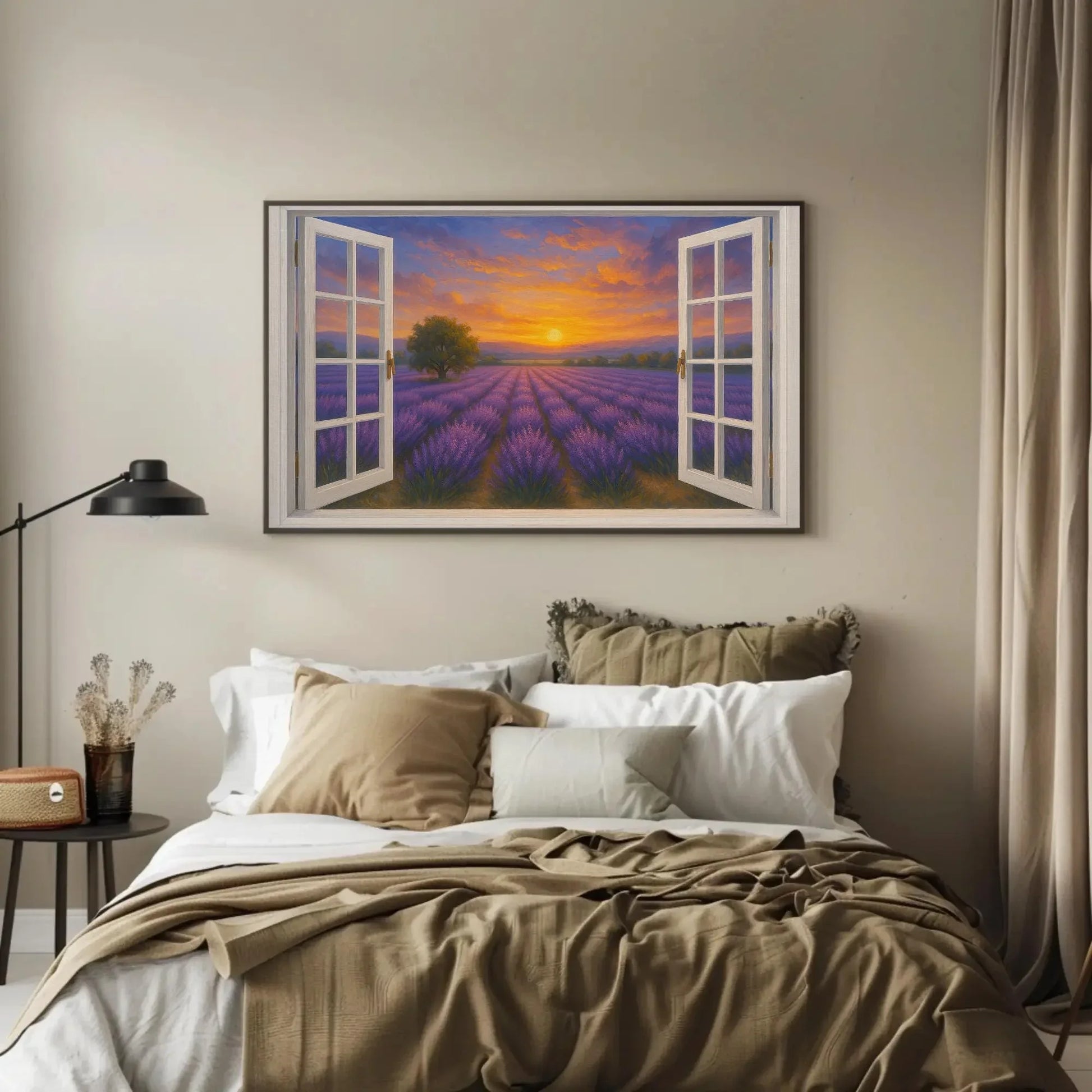 Lavender field sunset open window view canvas wall art print for romantic rustic bedroom or French countryside home decor painting Wall Art – Canvas Print