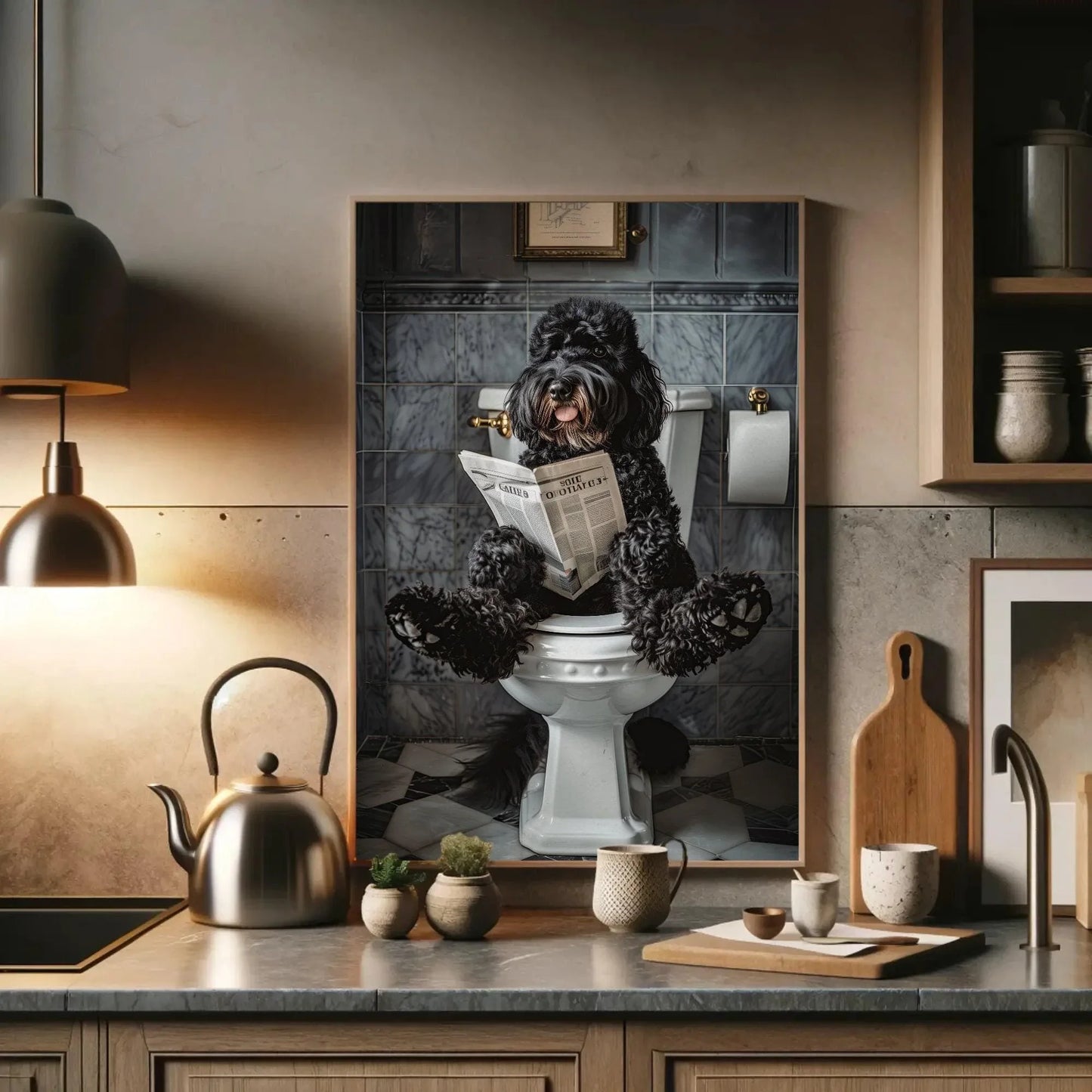 Black doodle dog sitting on toilet reading newspaper canvas print, toilet humor, bathroom art, anniversary gift, restroom decor, funny gift Wall Art – Canvas Print