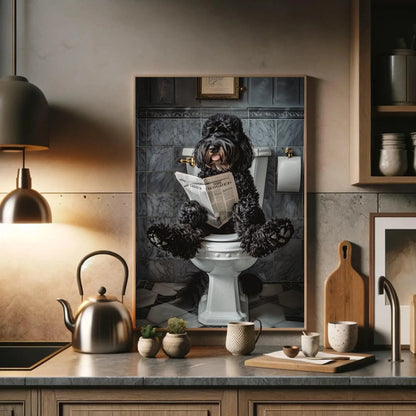 Black doodle dog sitting on toilet reading newspaper canvas print, toilet humor, bathroom art, anniversary gift, restroom decor, funny gift Wall Art – Canvas Print