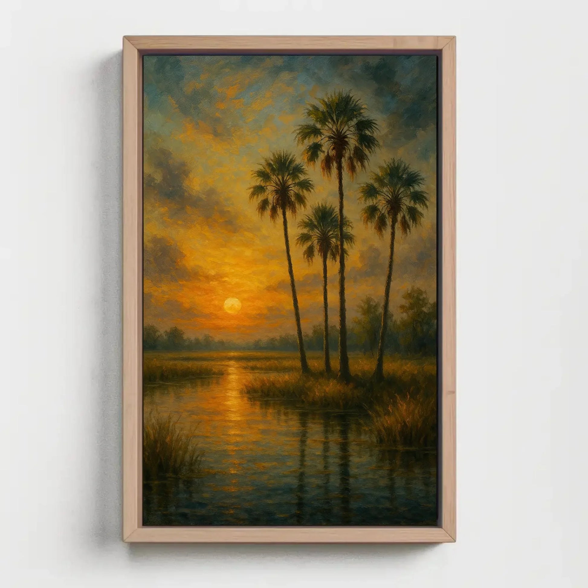 Tropical palm tree sunset canvas painting wall art for beach house or calming bedroom decor with golden marsh and glowing water print Wall Art – Canvas Print