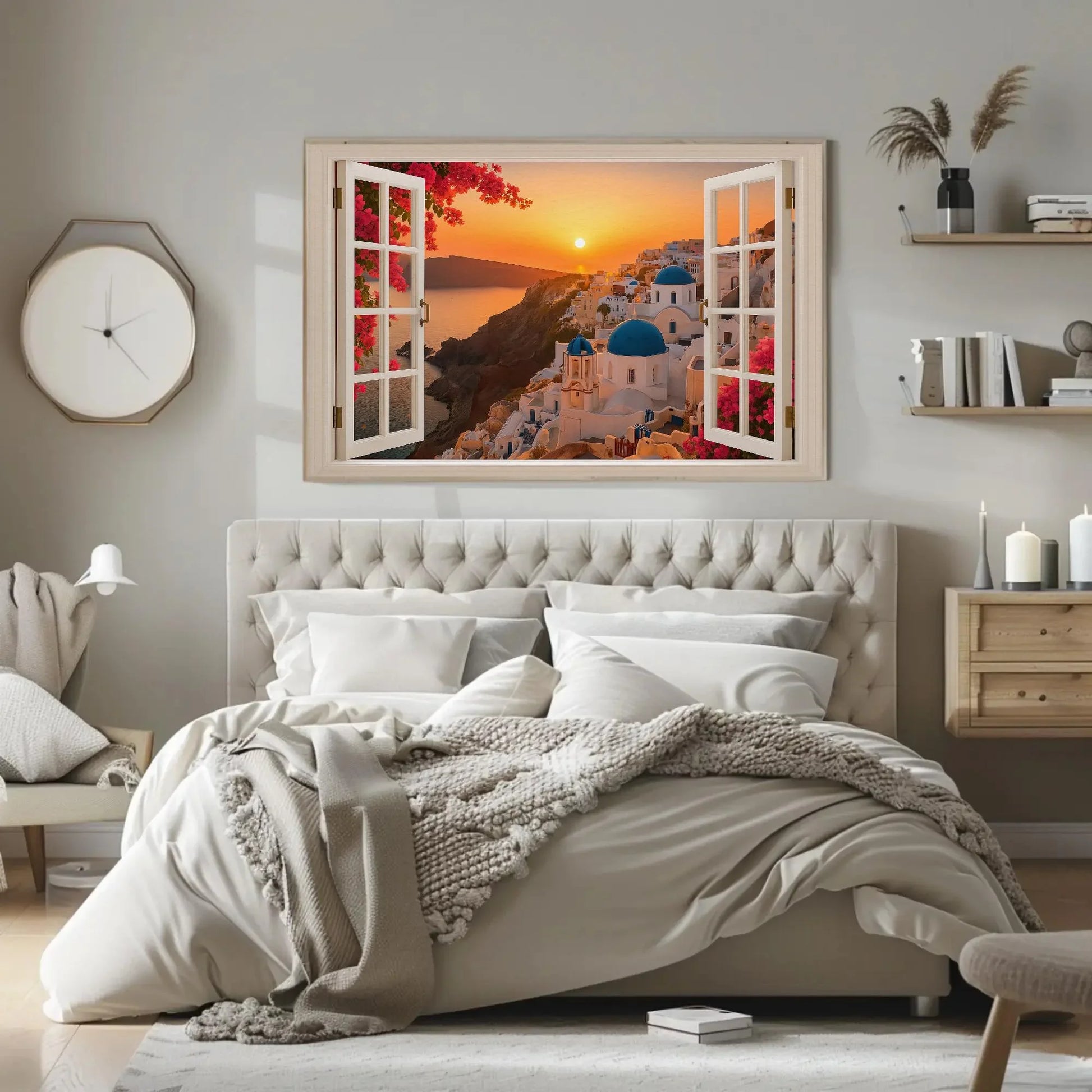 Santorini sunset open window view canvas wall art print of Greek domes and sea for romantic travel inspired decor or coastal room design Wall Art – Canvas Print