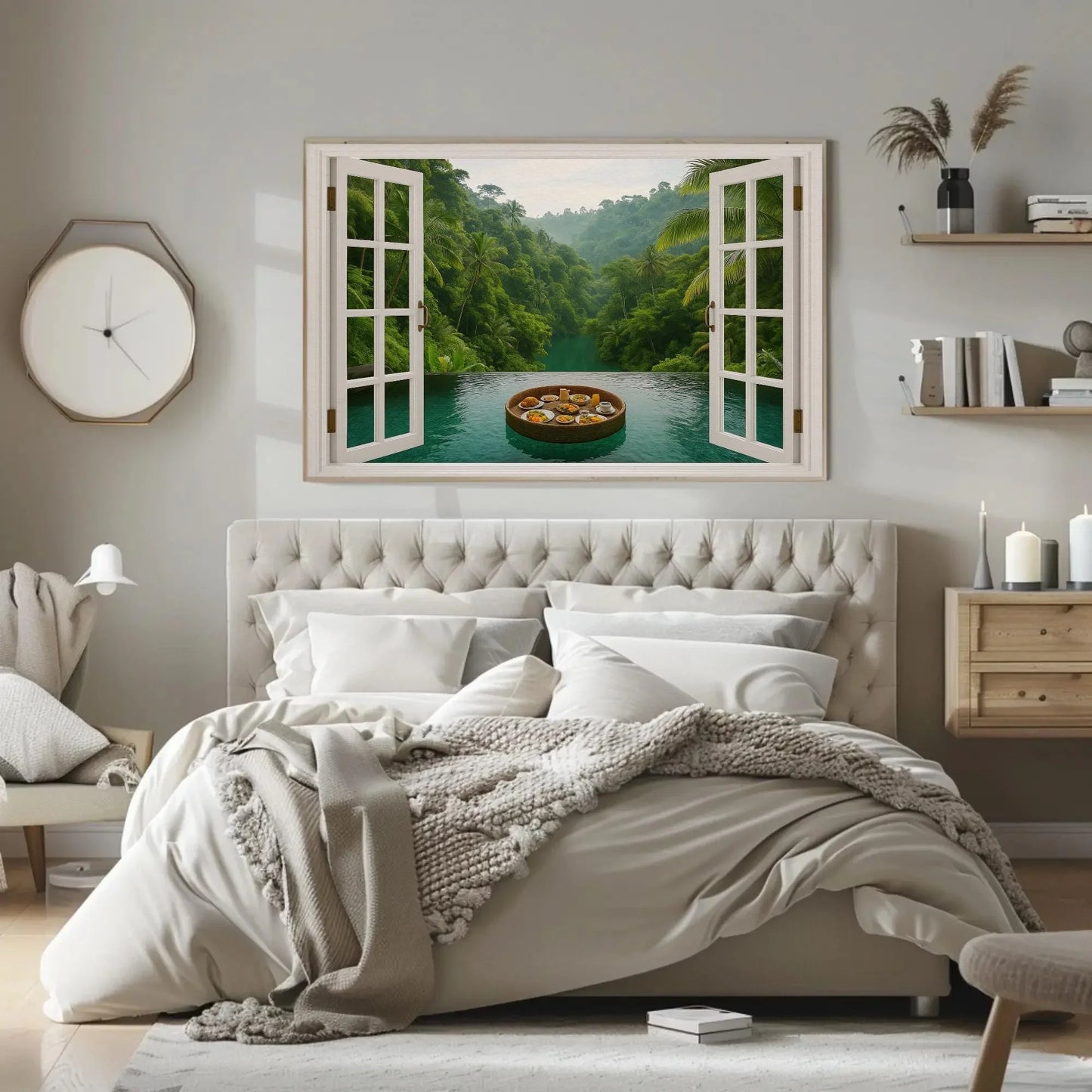 Jungle infinity pool canvas wall art print with open window view of tropical rainforest and floating breakfast tray for spa or exotic decor Wall Art – Canvas Print