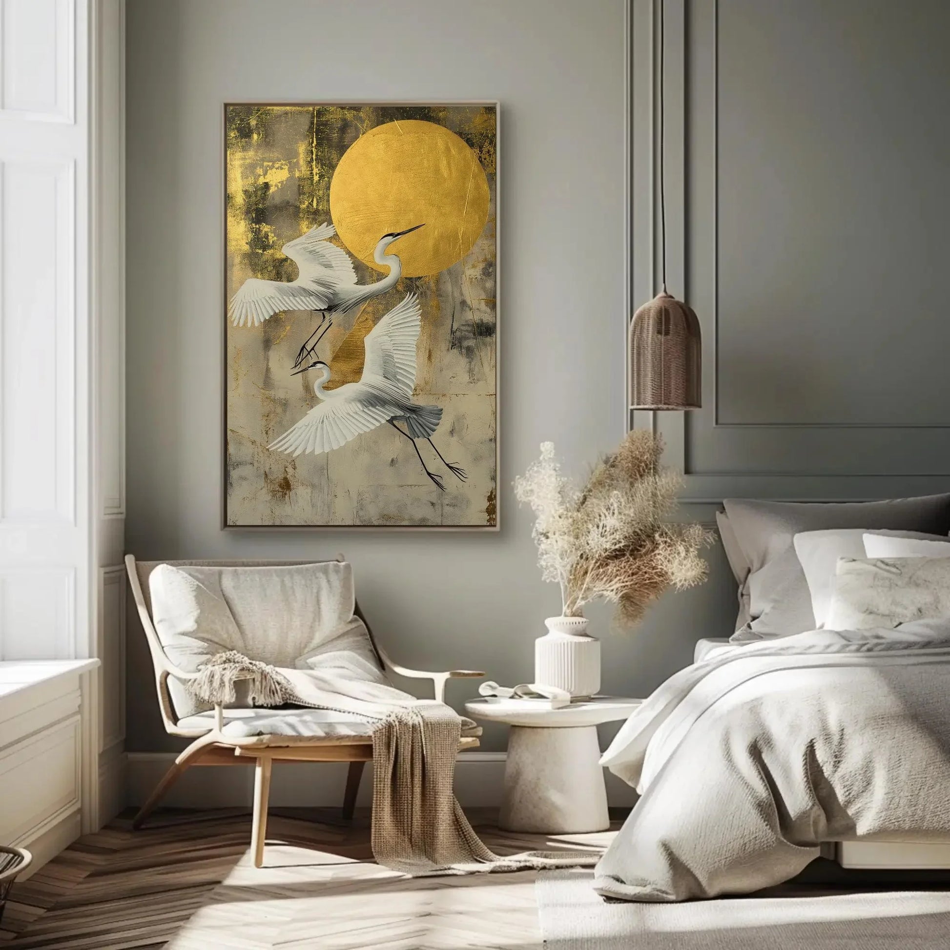 Two Herons Golden Moon Sky Canvas Print, Extra Large Elegant Bird Wall Art, Painting for Japandi, Boho, or Nature Bedroom or Living Room Wall Art – Canvas Print