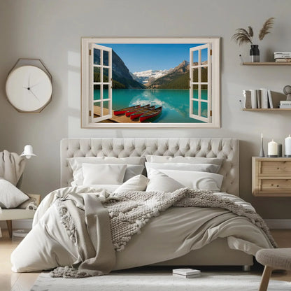 Canadian lake mountain canvas wall art print with red canoes and turquoise water through open window view for cabin or lodge room decor Wall Art – Canvas Print