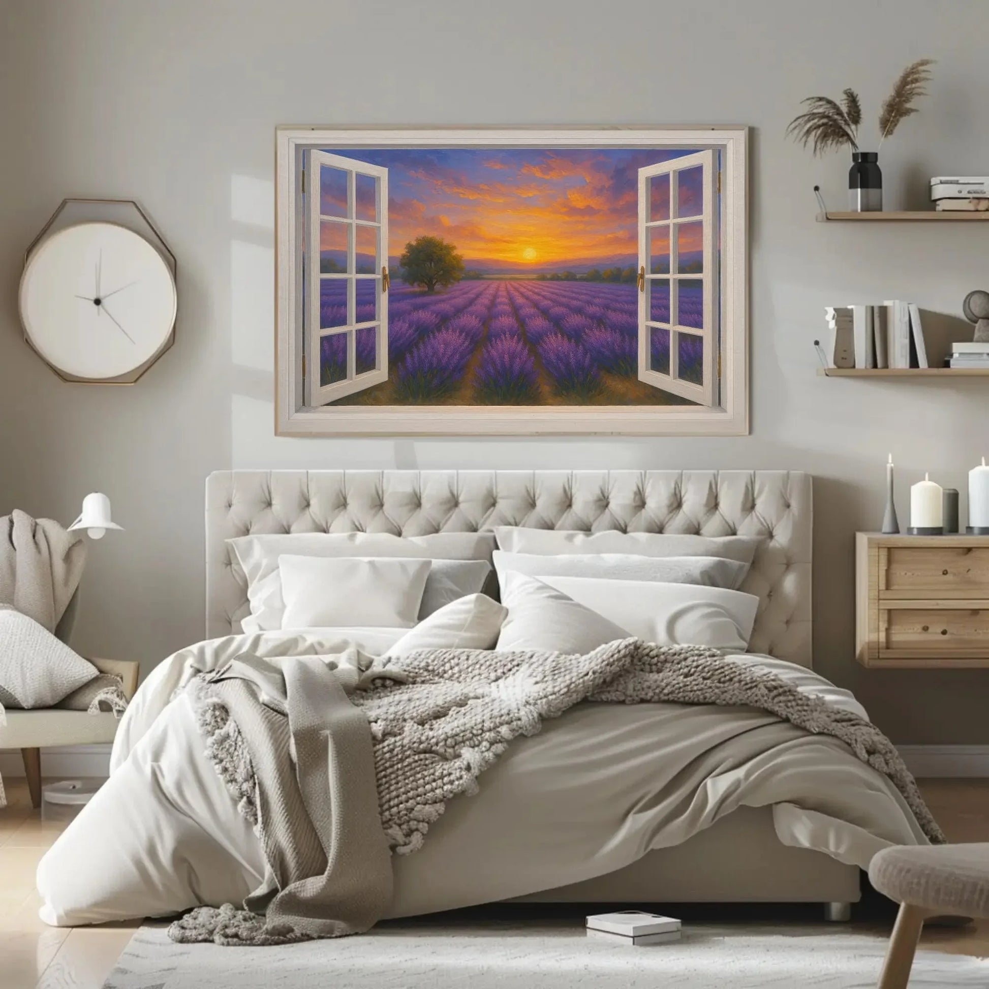 Lavender field sunset open window view canvas wall art print for romantic rustic bedroom or French countryside home decor painting Wall Art – Canvas Print