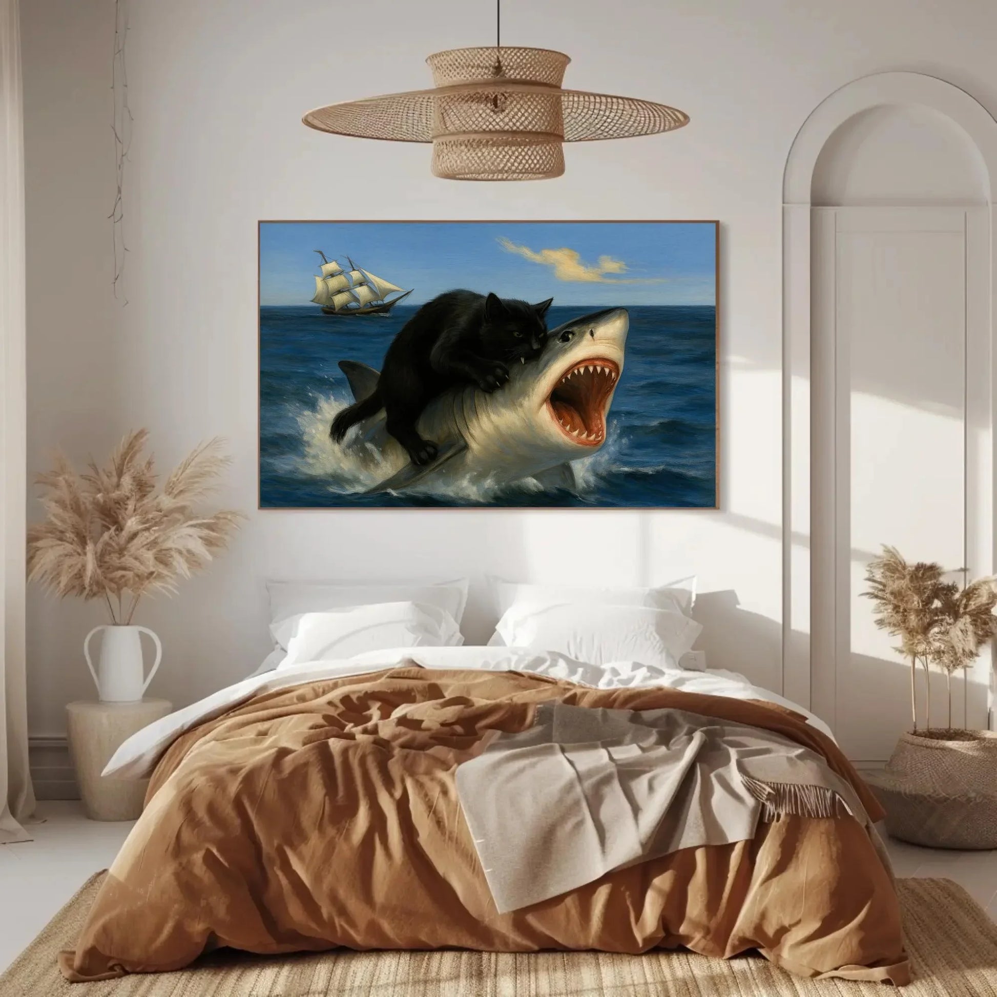 Black cat riding shark canvas wall art print for funny surreal decor or nautical animal lovers with pirate ship and ocean creature chaos Wall Art – Canvas Print