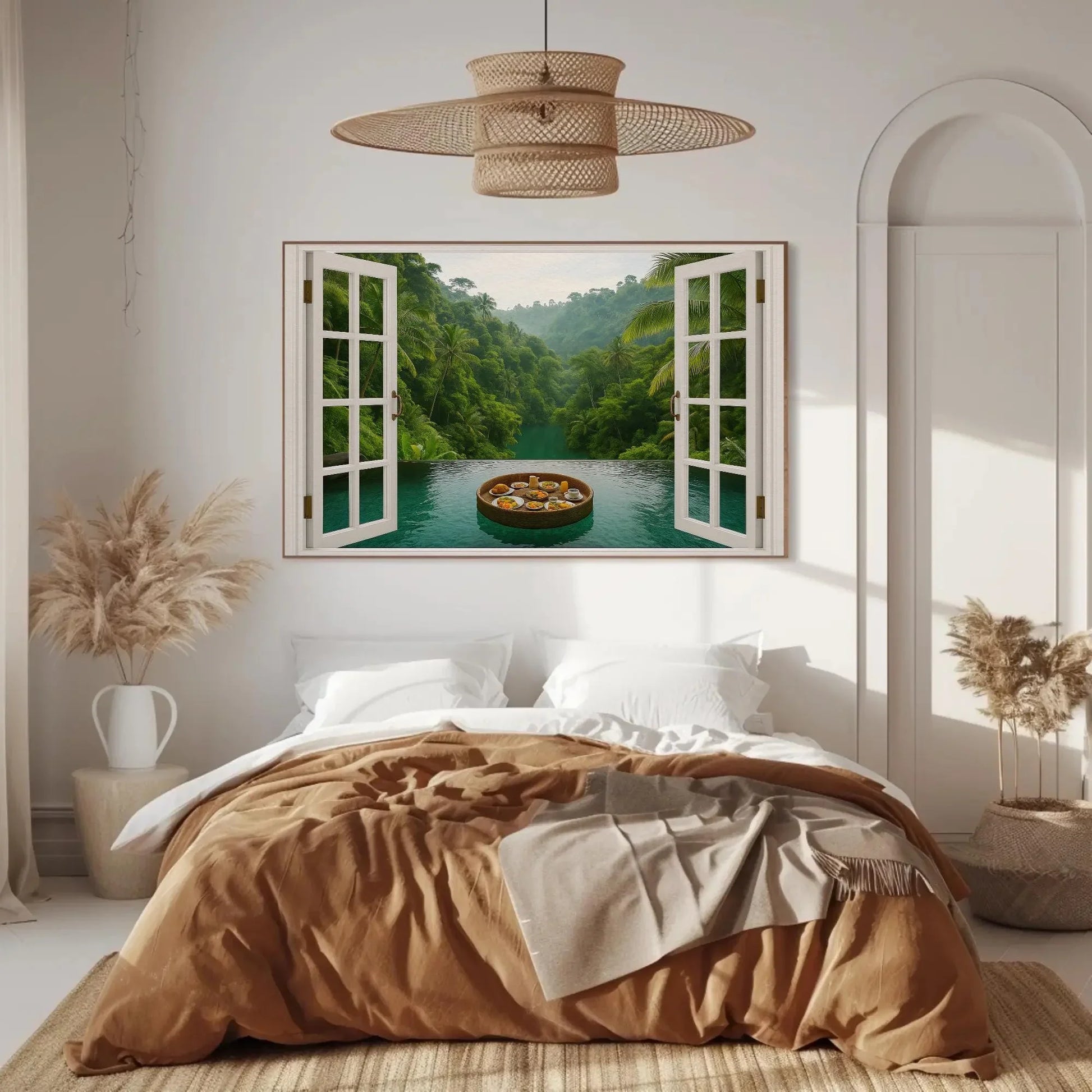 Jungle infinity pool canvas wall art print with open window view of tropical rainforest and floating breakfast tray for spa or exotic decor Wall Art – Canvas Print