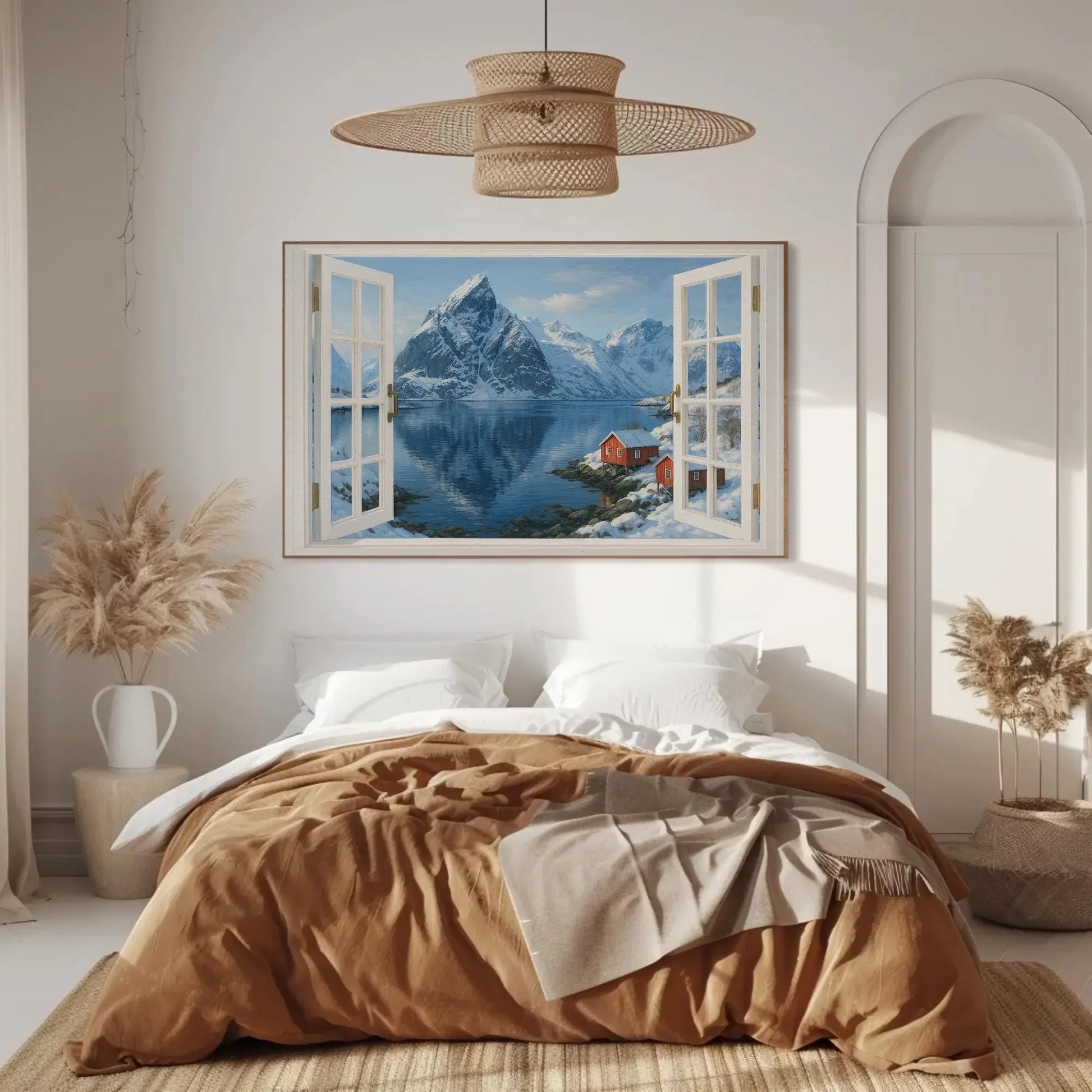 Norwegian fjord winter open window view canvas wall art print for mountain cabin or Scandinavian home featuring snow and red cabins Wall Art – Canvas Print