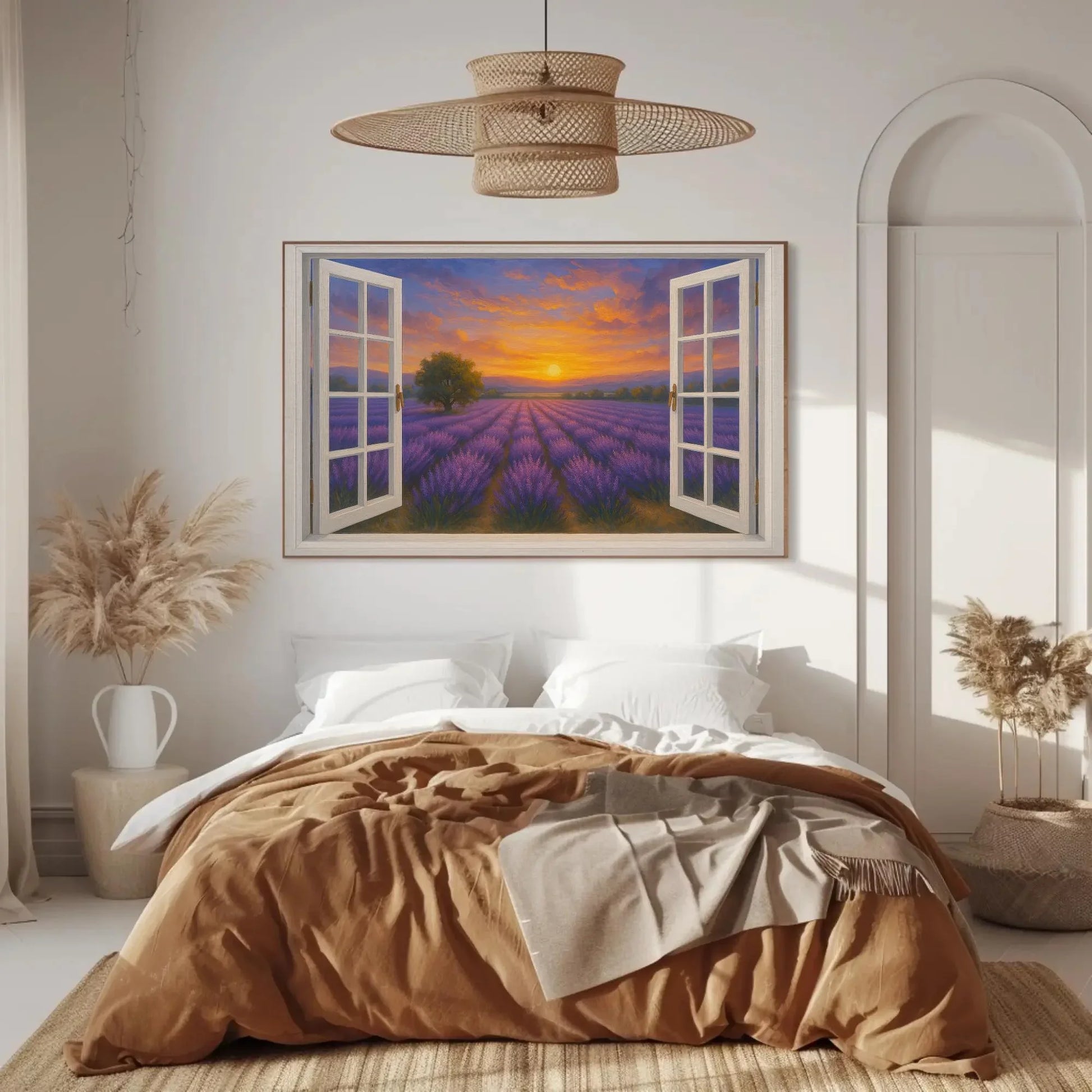 Lavender field sunset open window view canvas wall art print for romantic rustic bedroom or French countryside home decor painting Wall Art – Canvas Print