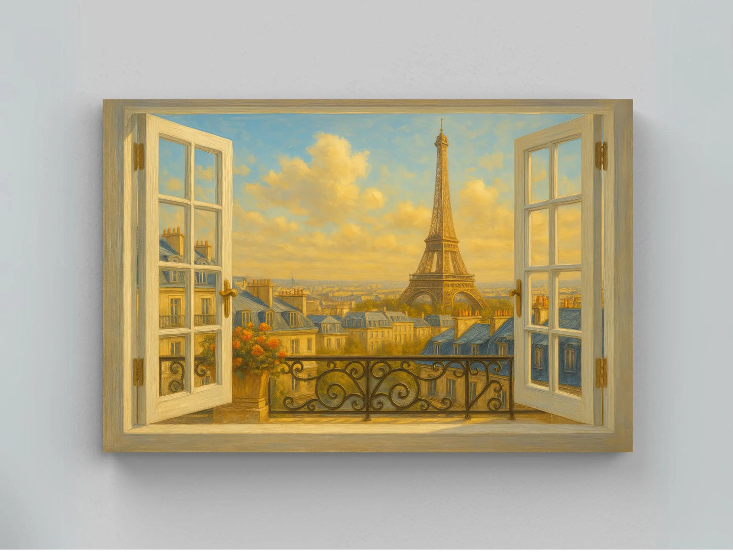 Paris Eiffel Tower open window view canvas wall art print for romantic French decor or bedroom and classic Parisian rooftop sunset Wall Art – Canvas Print
