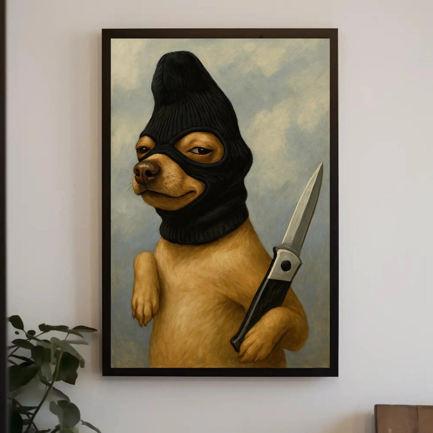 Funny criminal dog canvas wall art print for edgy home or dark humor decor with ski mask chihuahua and knife surreal animal painting Wall Art – Canvas Print