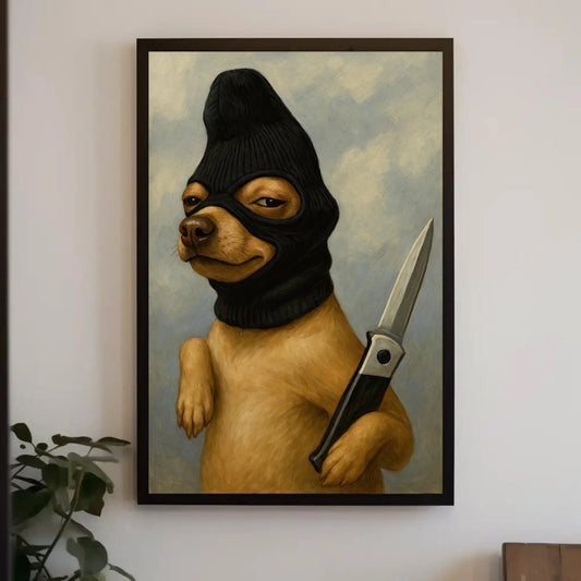 Funny criminal dog canvas wall art print for edgy home or dark humor decor with ski mask chihuahua and knife surreal animal painting Wall Art – Canvas Print