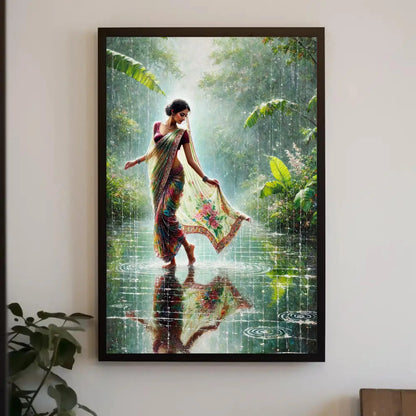 Monsoon Magic: Indian Women in Rain Canvas Print | Vibrant Traditional Oil Painting | Cultural Indian Wall Art for Living Room or Bedroom Wall Art – Canvas Print