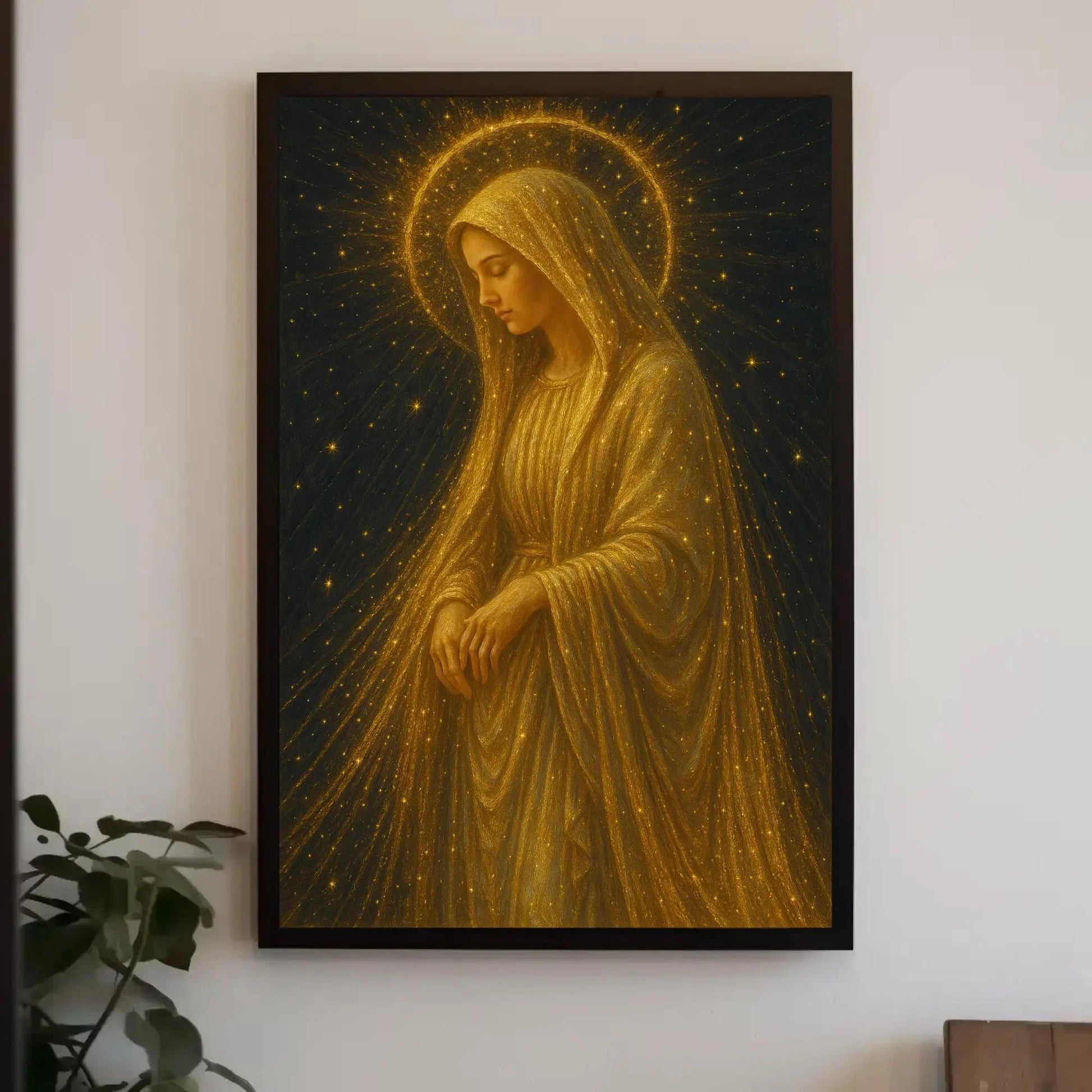 Golden Virgin Mary canvas wall art painting for spiritual home decor or celestial prayer room with glowing stars and radiant halo print Wall Art – Canvas Print