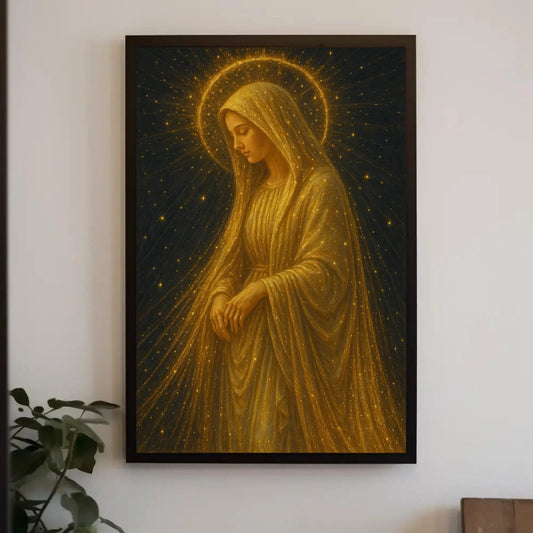 Golden Virgin Mary canvas wall art painting for spiritual home decor or celestial prayer room with glowing stars and radiant halo print Wall Art – Canvas Print
