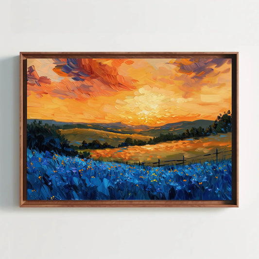 Vibrant Sunset Meadow Wall Art – Blue Wildflower Field And Orange Sky Landscape Painting For Colorful Home Or Cozy Nature Room Decor Wall Art – Canvas Print