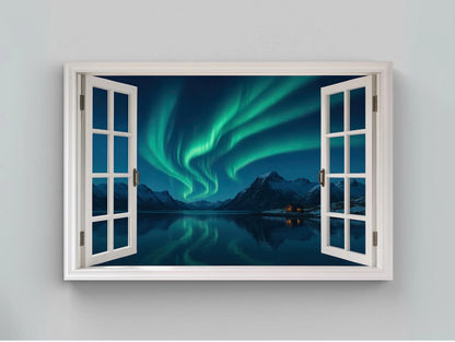 Northern lights open window view canvas wall art print for Scandinavian winter decor or night sky lovers aurora borealis painting Wall Art – Canvas Print