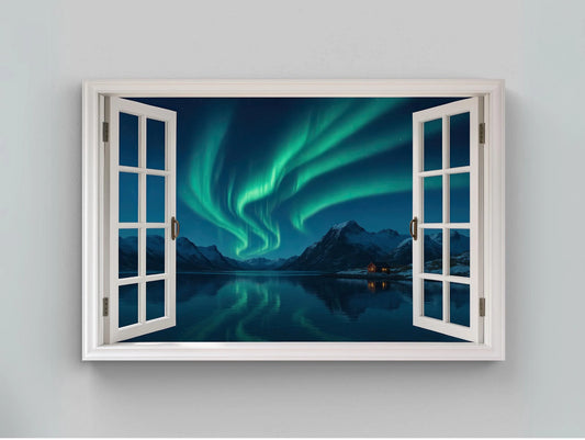 Northern lights open window view canvas wall art print for Scandinavian winter decor or night sky lovers aurora borealis painting Wall Art – Canvas Print