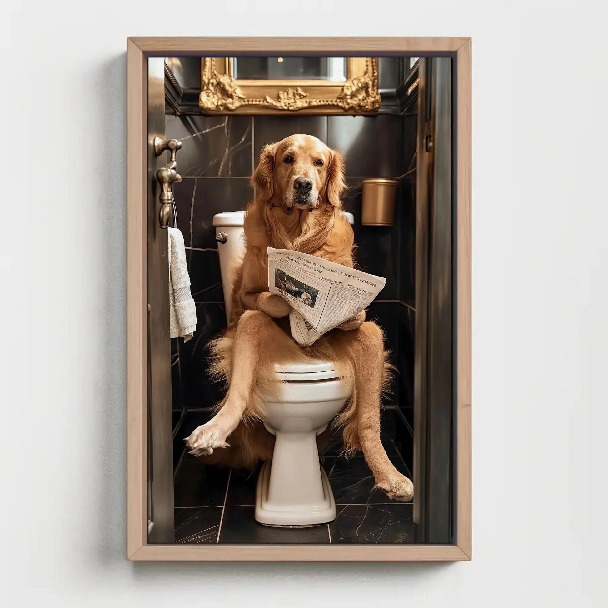 Golden Retriever Reading Newspaper on Toilet Canvas Print - Toilet Humor - Whimsical Bathroom Art - Funny Animal Print - HQ Ready to Hang Wall Art – Canvas Print