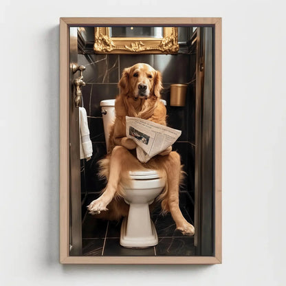 Golden Retriever Reading Newspaper on Toilet Canvas Print - Toilet Humor - Whimsical Bathroom Art - Funny Animal Print - HQ Ready to Hang Wall Art – Canvas Print