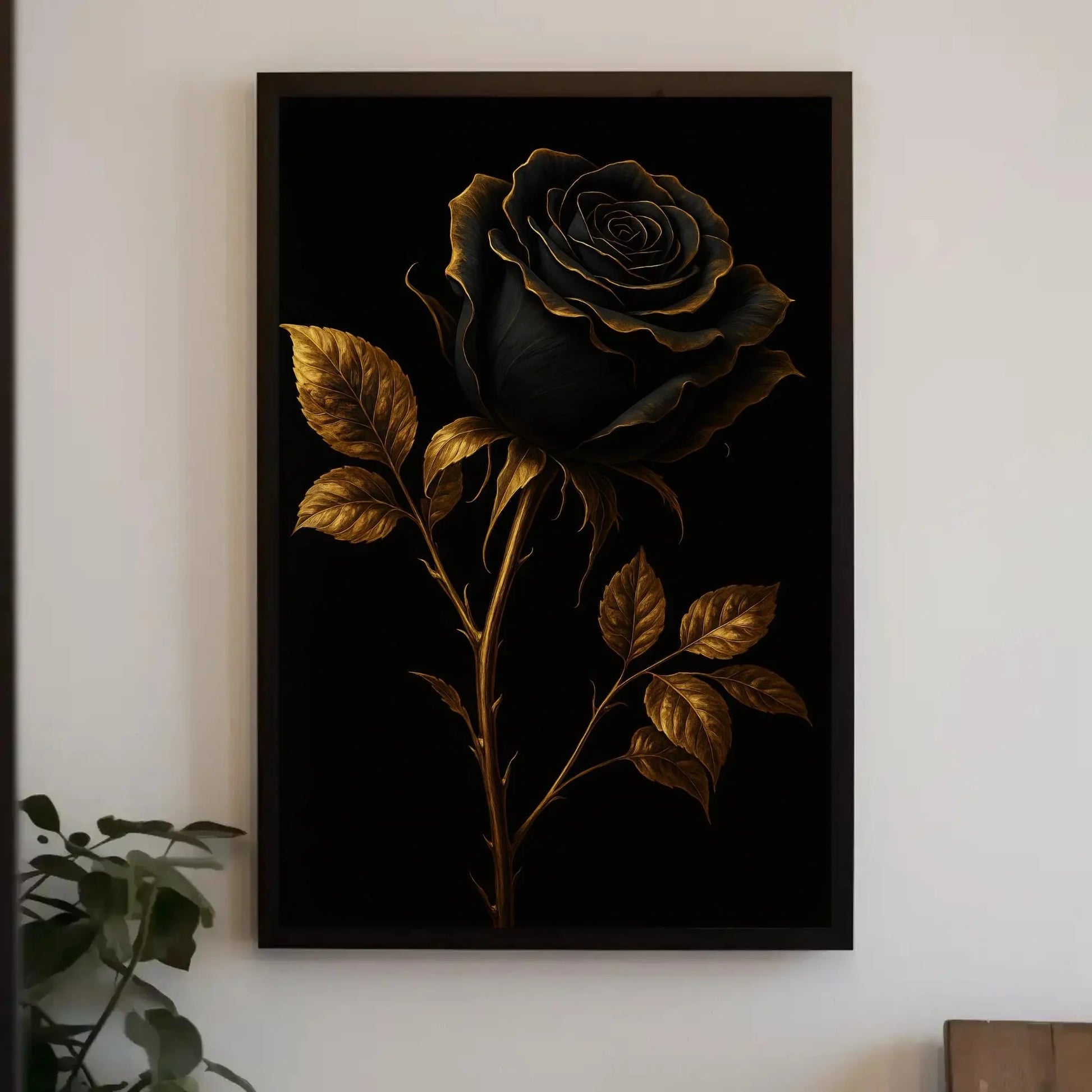 Elegant black rose canvas wall art print for gothic bedroom or moody floral decor with gold trimmed petals on black luxury background Wall Art – Canvas Print
