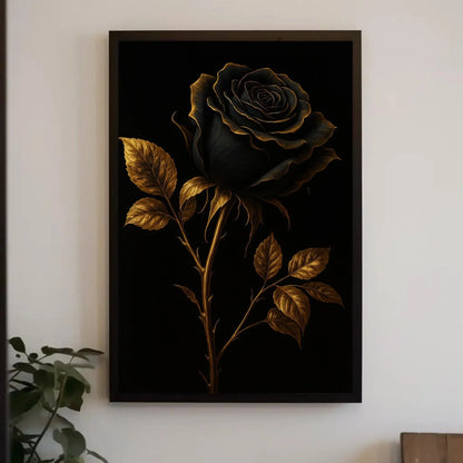 Elegant black rose canvas wall art print for gothic bedroom or moody floral decor with gold trimmed petals on black luxury background Wall Art – Canvas Print