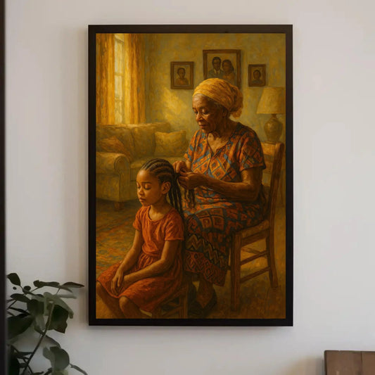 Generational love canvas painting wall art for cultural living room or black heritage decor with elder braiding girl’s hair at home Wall Art – Canvas Print