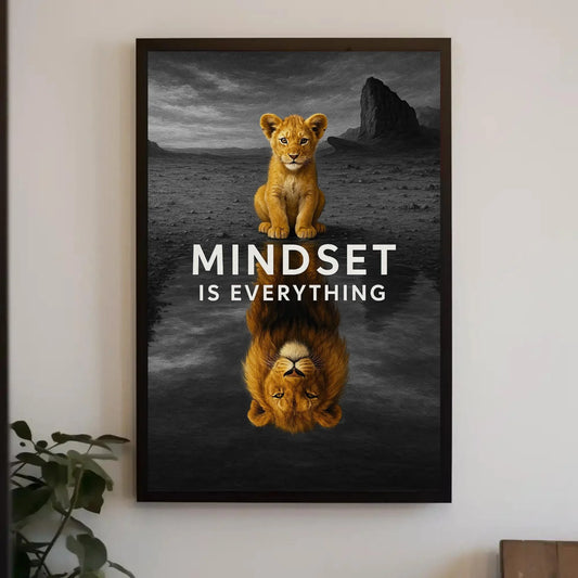 Mindset lion cub canvas wall art print for motivational home or office decor with inspirational animal quote and desert reflection scene Wall Art – Canvas Print